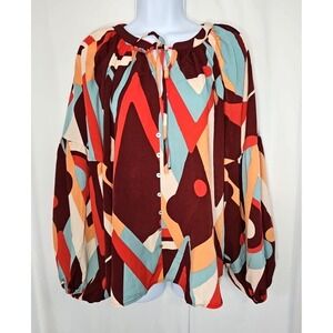 August Sky Women's Geometric Print‎ Long Balloon Sleeve Blouse Size Large - NWOT